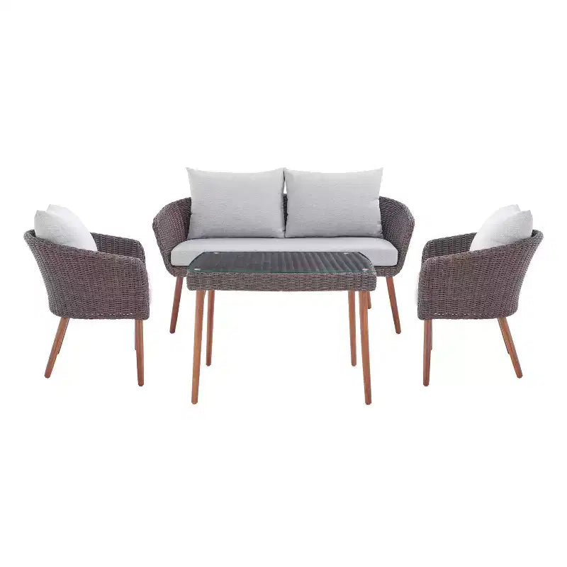 Ensemble de conversation d'extérieur Athènes 4 pièces en osier toutes saisons avec table basse de 26 po - Marron - Alaterre Furniture