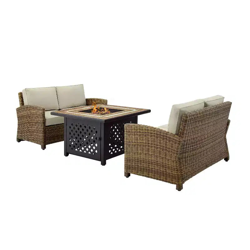 Crosley Ensemble de mobilier de patio extérieur 3 pièces Bradenton en acier avec foyer et deux causeuses, brun/beige