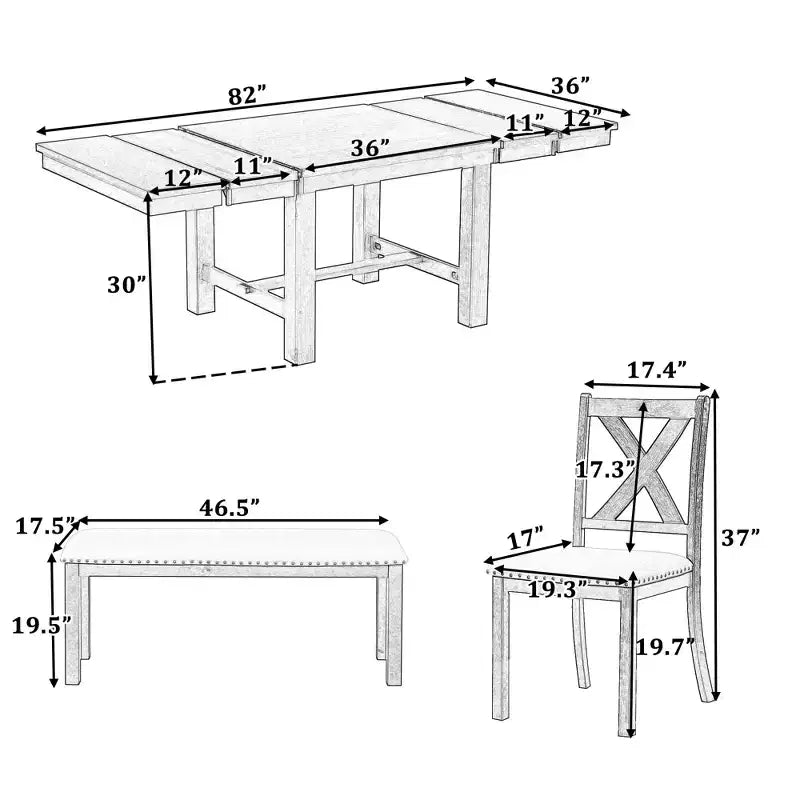Table à manger extensible 6 pièces Whisen Farmhouse avec 4 chaises rembourrées et un banc
