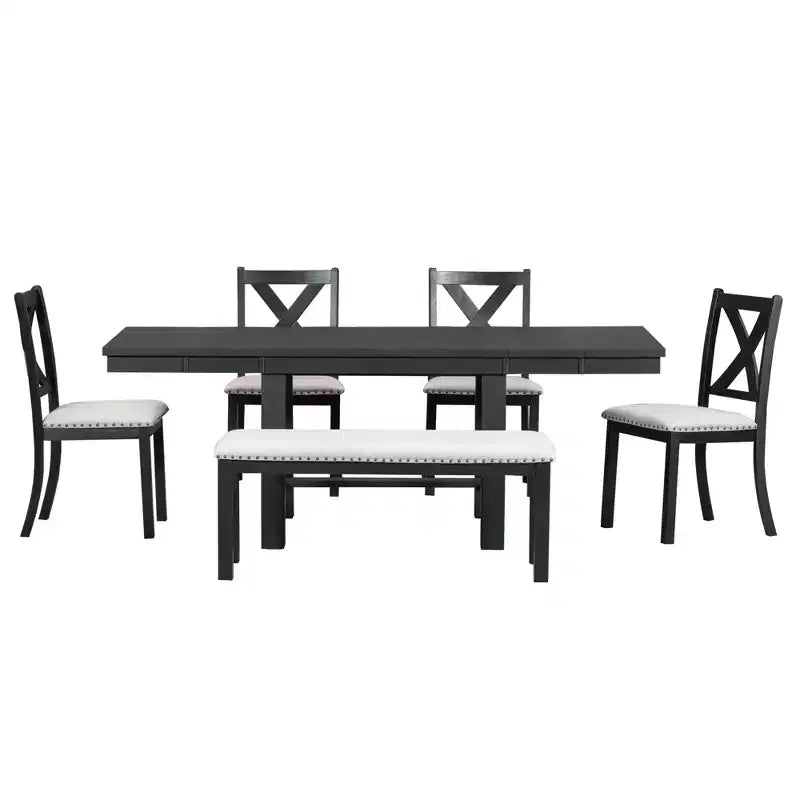 Table à manger extensible 6 pièces Whisen Farmhouse avec 4 chaises rembourrées et un banc