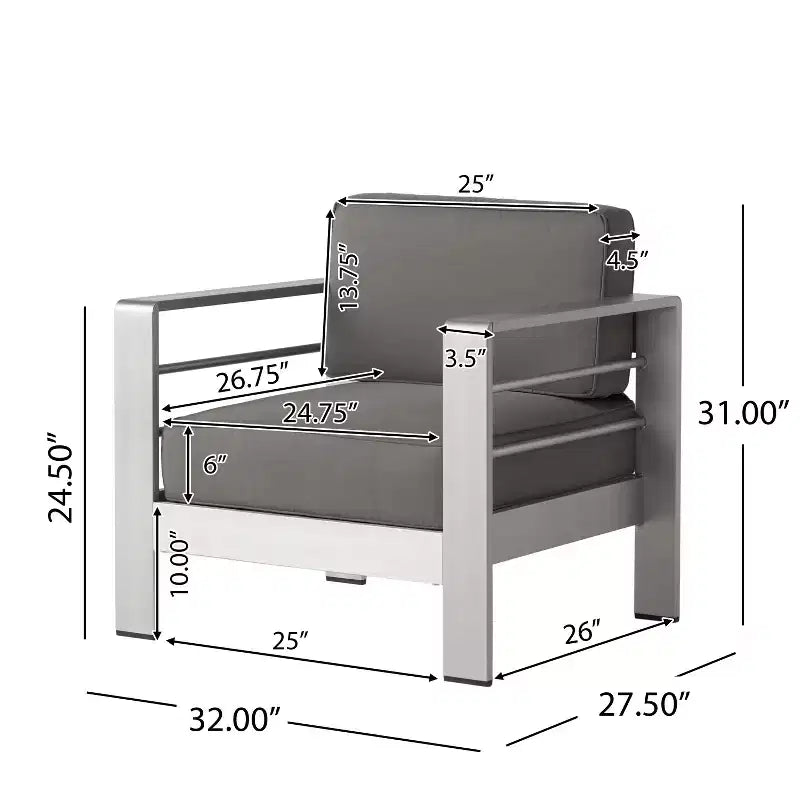 Christopher Knight Home Cape Coral Ensemble de 4 fauteuils de club et poufs d'extérieur en aluminium avec coussins, kaki/argent