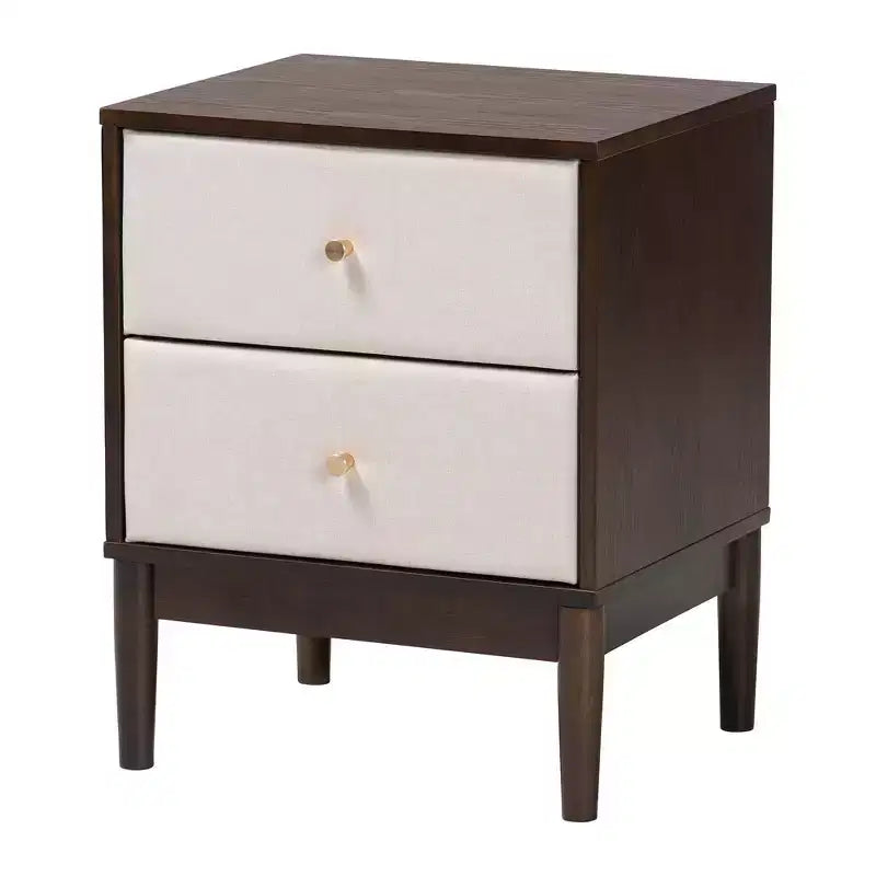 Ensemble de chambre queen 4 pièces Baxton Studio Nikolai avec tissu beige tufté capitonné et bois marron Wengé, style Mid-Century