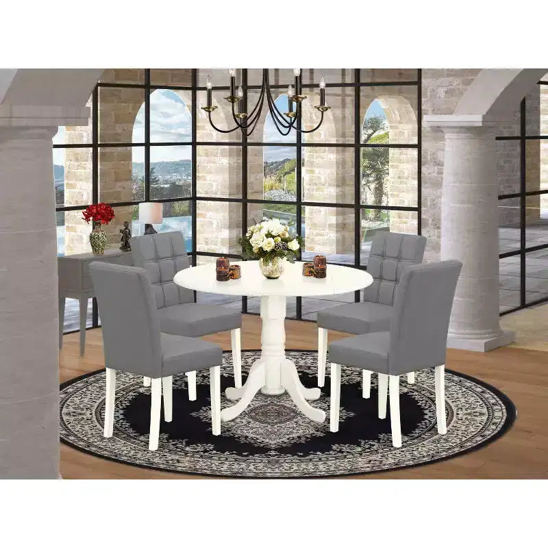 HomeStock Linen White Round Dining Table Set with 4 Chairs Modern Style DLAS5-WHI-41