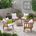 Christopher Knight Home Flagler Outdoor Acacia Wood 5 Piece Club Chair and Fire Pit Set with Cushions, Teak/White