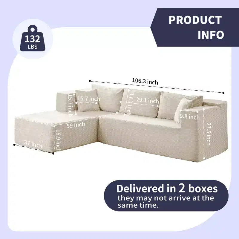 Mjkone Canapé sectionnel moderne 2 pièces 106'' en velours côtelé, à combinaison libre, en forme de L, avec siège profond, canapé-lit rembourré avec chaise longue gauche