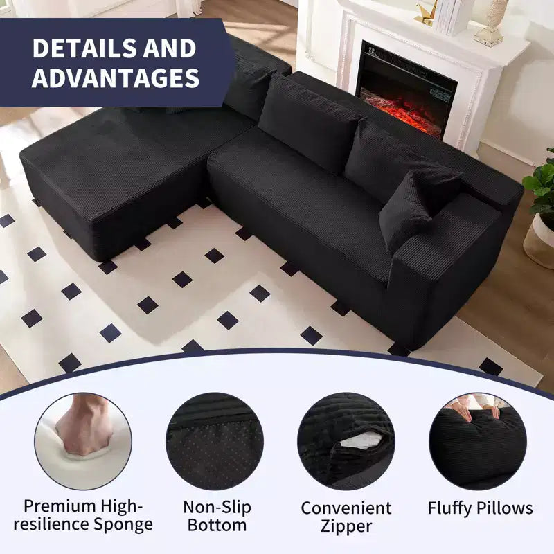Mjkone Canapé sectionnel moderne 2 pièces 106'' en velours côtelé, à combinaison libre, en forme de L, avec siège profond, canapé-lit rembourré avec chaise longue gauche