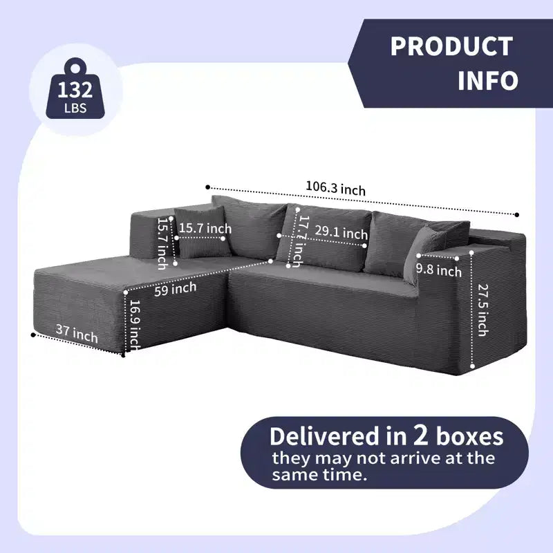 Mjkone Canapé sectionnel moderne 2 pièces 106'' en velours côtelé, à combinaison libre, en forme de L, avec siège profond, canapé-lit rembourré avec chaise longue gauche