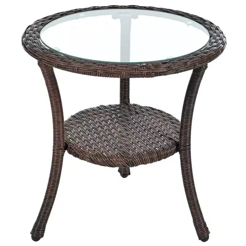 Ensemble de loisirs d'extérieur Whisen, 2 fauteuils individuels en rotin avec une table ronde en verre, idéal pour les patios, balcons et cours.