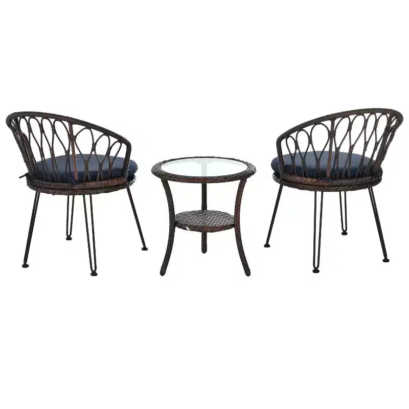 Ensemble de loisirs d'extérieur Whisen, 2 fauteuils individuels en rotin avec une table ronde en verre, idéal pour les patios, balcons et cours.