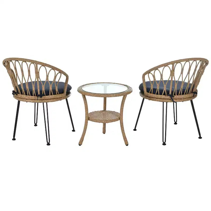 Ensemble de loisirs d'extérieur Whisen, 2 fauteuils individuels en rotin avec une table ronde en verre, idéal pour les patios, balcons et cours.