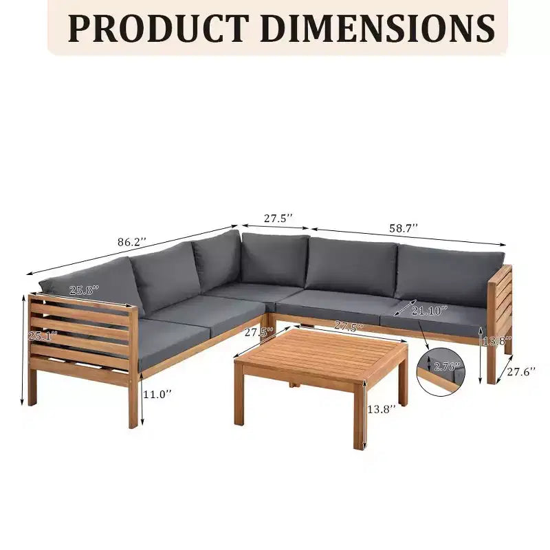 Canapé d'angle de conversation Whisen Patio, ensemble canapé d'extérieur en bois d'acacia, salon de jardin avec table basse et coussins résistants à l'eau