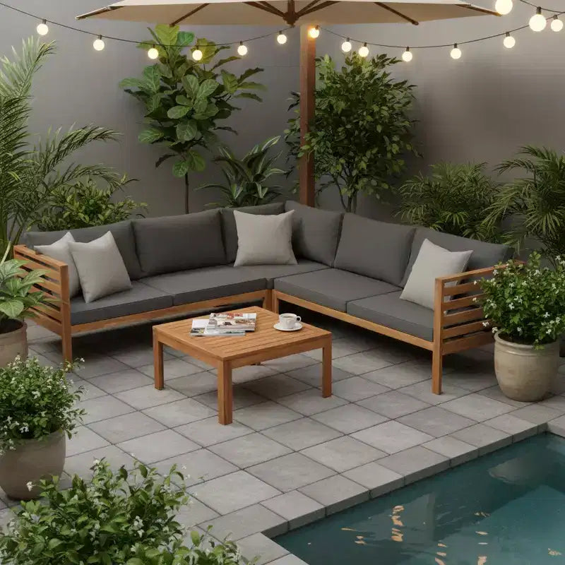 Canapé d'angle de conversation Whisen Patio, ensemble canapé d'extérieur en bois d'acacia, salon de jardin avec table basse et coussins résistants à l'eau