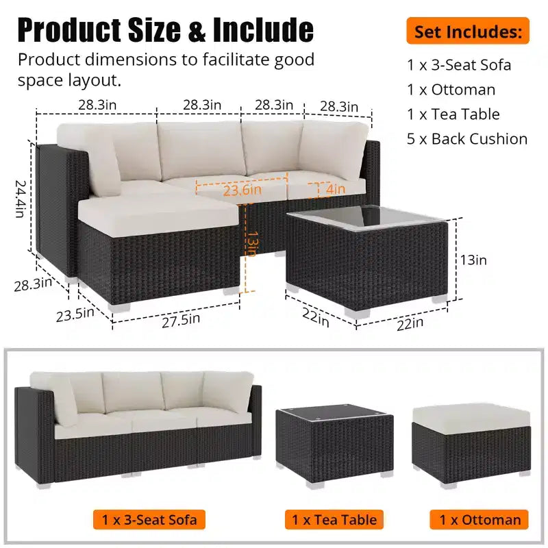 Ensemble de mobilier de jardin 5 pièces avec coussins, en rotin PE résistant aux intempéries, design moderne pour balcon, jardin, piscine