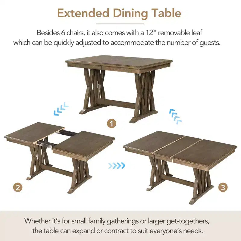 Ensemble de salle à manger extensible 7 pièces pour 6 personnes, ensemble de table à manger avec 6 chaises de salle à manger rembourrées, style Mid-Century, marron doré + gris-ModernLuxe