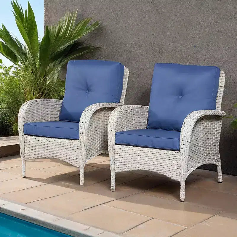 Lot de 2 chaises de patio en osier Bestier, ensemble de meubles en rotin avec 4 coussins de siège, dossier haut et accoudoirs pour jardin, arrière-cour, balcon et terrasse, bleu