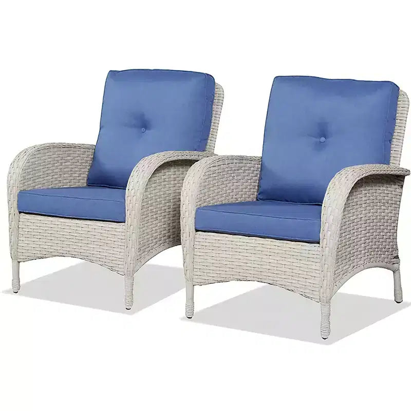 Lot de 2 chaises de patio en osier Bestier, ensemble de meubles en rotin avec 4 coussins de siège, dossier haut et accoudoirs pour jardin, arrière-cour, balcon et terrasse, bleu