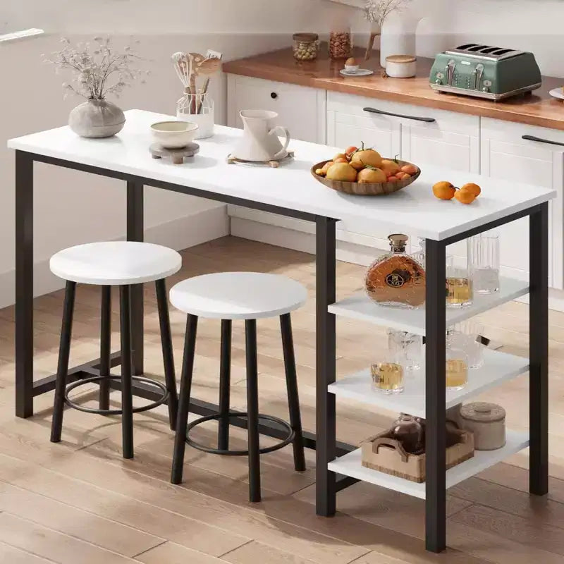 Height Table and Chairs Set of 2 Person, Small High Top Kitchen Table for 2 Seater, 3 Large Storage Shelves Space Saving