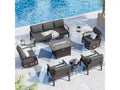 ALAULM 7-Seat Aluminum Patio Furniture Set, Modern Metal Outdoor Conversation Sets w/45in Propane Fire Pit Table