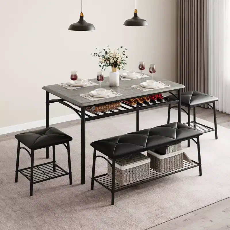 Ensemble Table et Chaises de Salle à Manger CuisinSmart pour 4, avec Banc Rembourré et 2 Tabourets Carrés, avec Étagères de Rangement, Ensemble de Meubles de Salle à Manger pour Petits Espaces