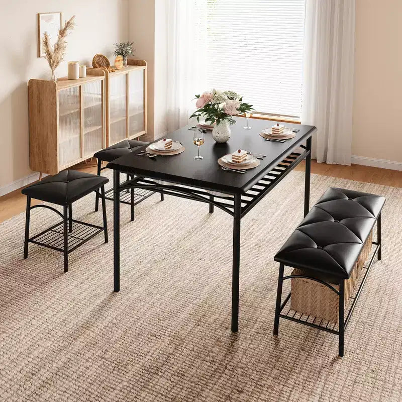 Ensemble Table et Chaises de Salle à Manger CuisinSmart pour 4, avec Banc Rembourré et 2 Tabourets Carrés, avec Étagères de Rangement, Ensemble de Meubles de Salle à Manger pour Petits Espaces