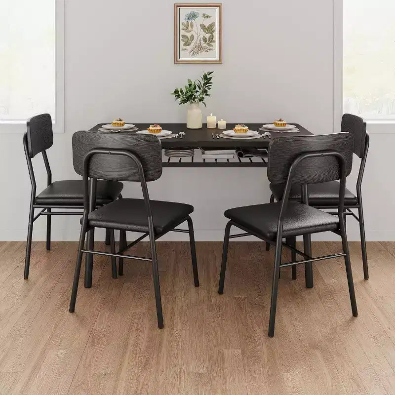 Ensemble de salle à manger 5 pièces pour 4 personnes, table de cuisine en bois avec étagère de rangement, 4 chaises rembourrées, ensemble de salle à manger pour petit espace, appartement