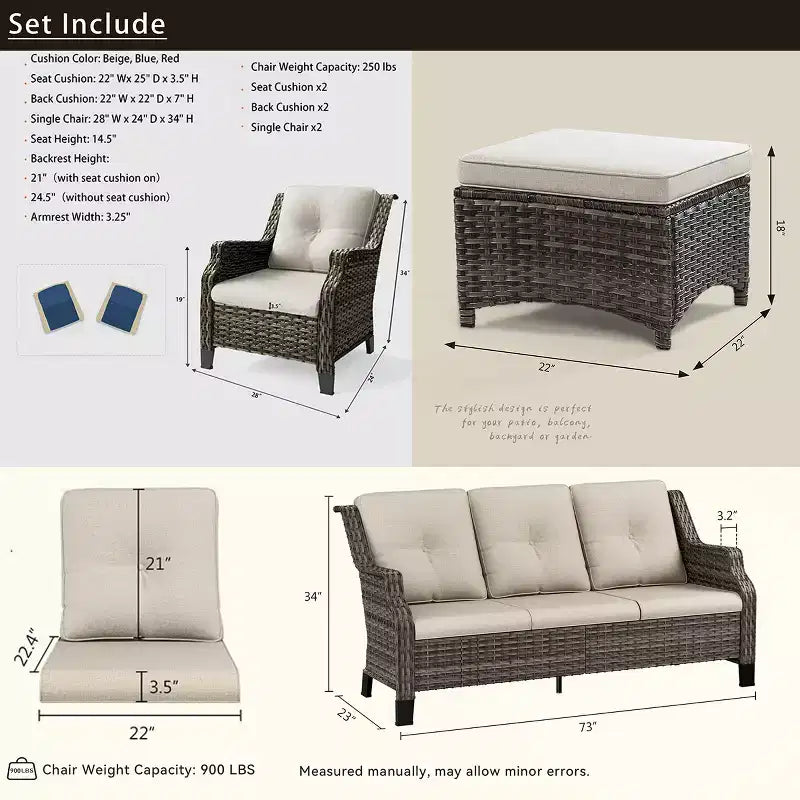 Ensemble de meubles de patio Bestier, ensemble de conversation en osier 5 pièces avec coussin épais et poufs, chaises de canapé en rotin d'extérieur pour arrière-cour, jardin, porche