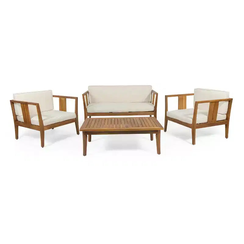 Christopher Knight Home Ted – Ensemble de conversation extérieur 4 pièces en bois d'acacia avec coussins et table basse à lattes