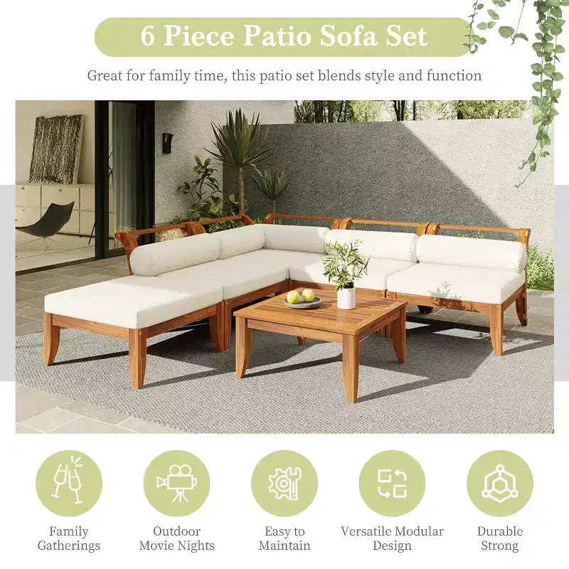 Ensemble de canapés de patio 6 pièces, salon de jardin modulaire d'extérieur, sectionnel en forme de L avec table, pouf, coussins et oreillers - ModernLuxe
