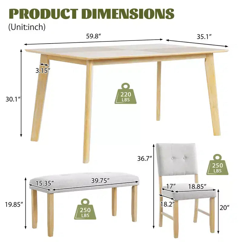 Ensemble de salle à manger en bois 6 pièces, table rectangulaire avec 4 chaises rembourrées et banc