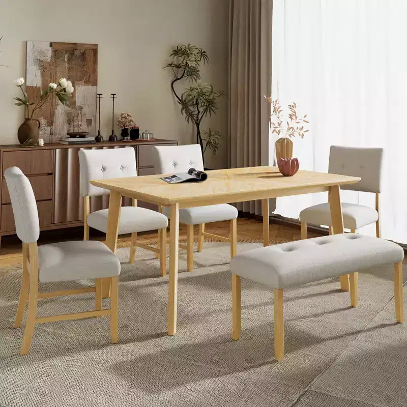 Ensemble de salle à manger en bois 6 pièces, table rectangulaire avec 4 chaises rembourrées et banc