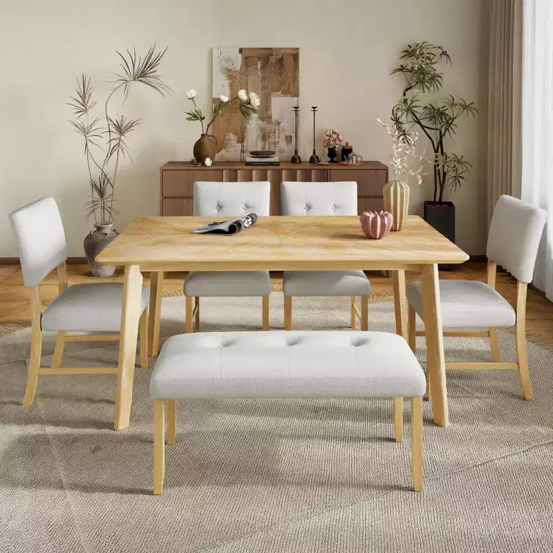 Ensemble de salle à manger en bois 6 pièces, table rectangulaire avec 4 chaises rembourrées et banc