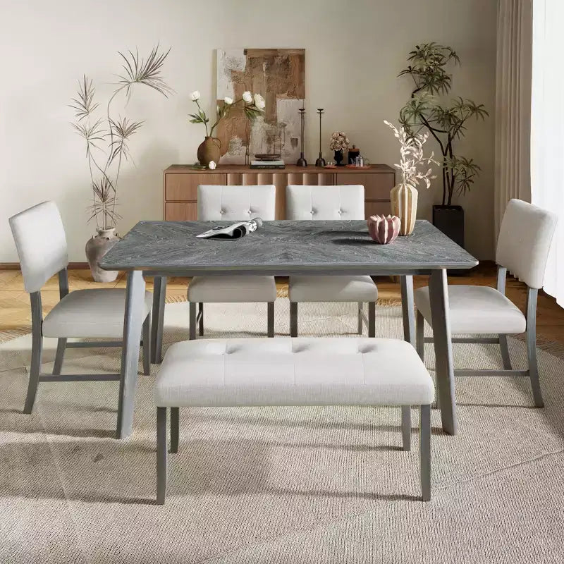 Ensemble de salle à manger en bois 6 pièces, table rectangulaire avec 4 chaises rembourrées et banc