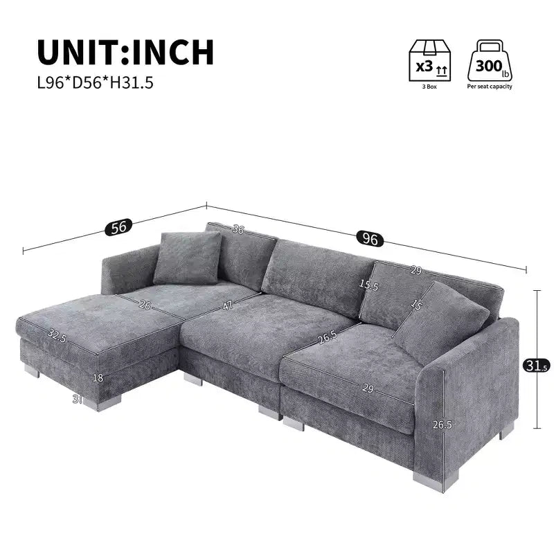 Canapé d'angle moderne en forme de L avec méridienne et coussins offerts, en tissu chenille
