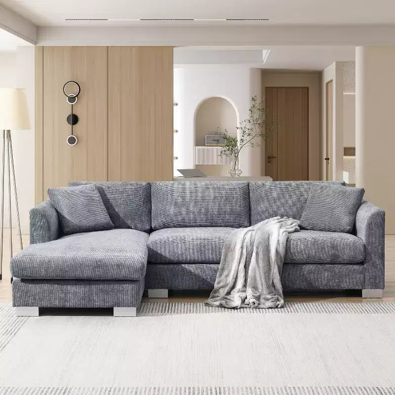 Canapé d'angle moderne en forme de L avec méridienne et coussins offerts, en tissu chenille