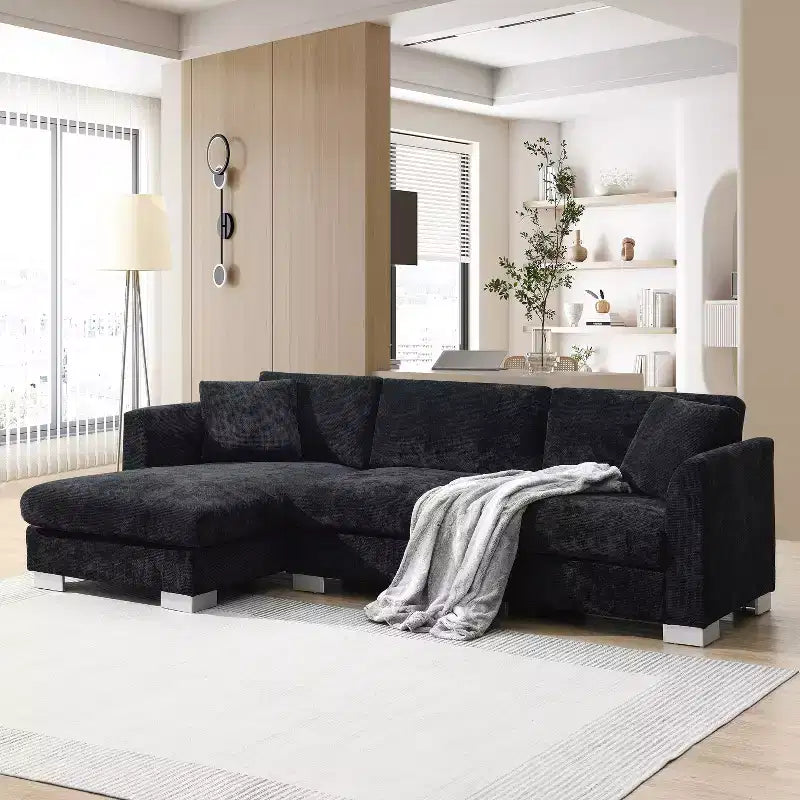 Canapé d'angle moderne en forme de L avec méridienne et coussins offerts, en tissu chenille