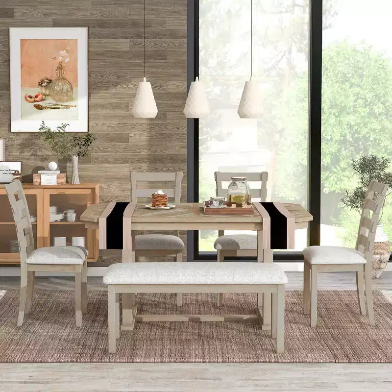 Ensemble de salle à manger 6 places avec plateau de table effet bois, ensemble de table de cuisine avec chaises et banc