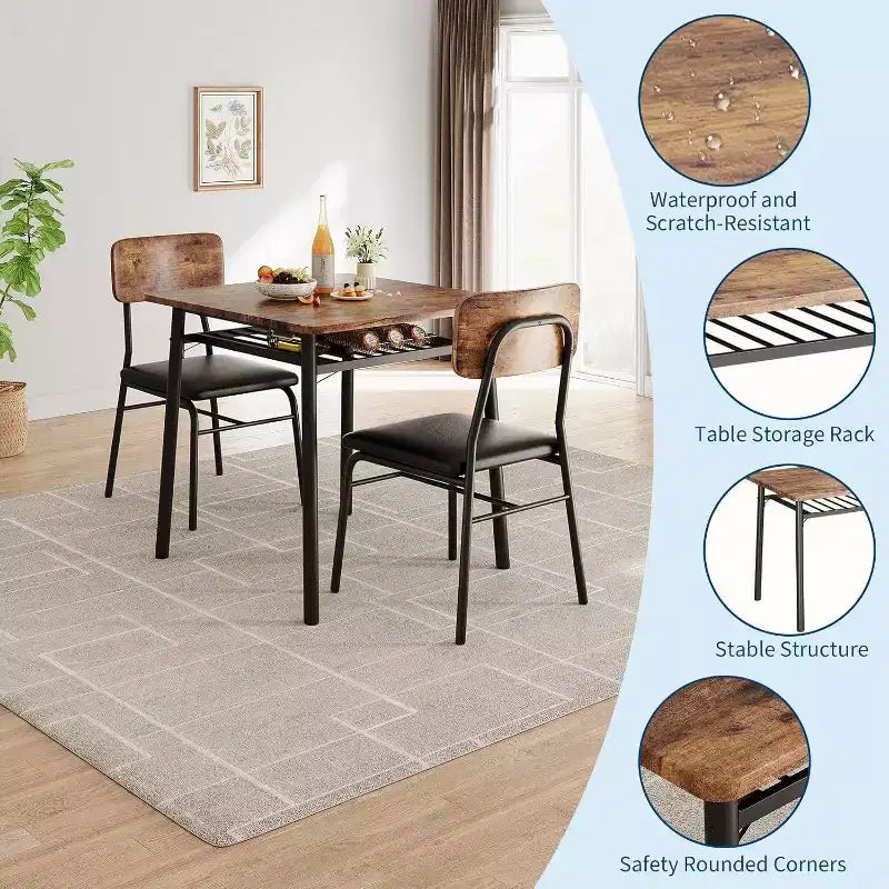 Table à manger pour 2 avec étagère de rangement et cadre en métal, table carrée avec chaises rembourrées lot de 2, ensemble de salle à manger 3 pièces pour la maison
