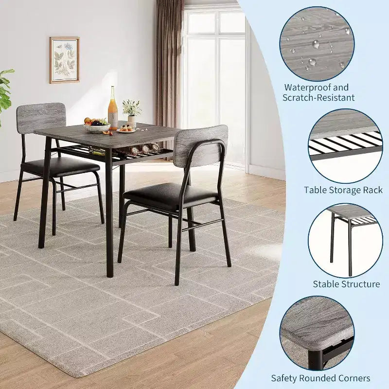 Table à manger pour 2 avec étagère de rangement et cadre en métal, table carrée avec chaises rembourrées lot de 2, ensemble de salle à manger 3 pièces pour la maison