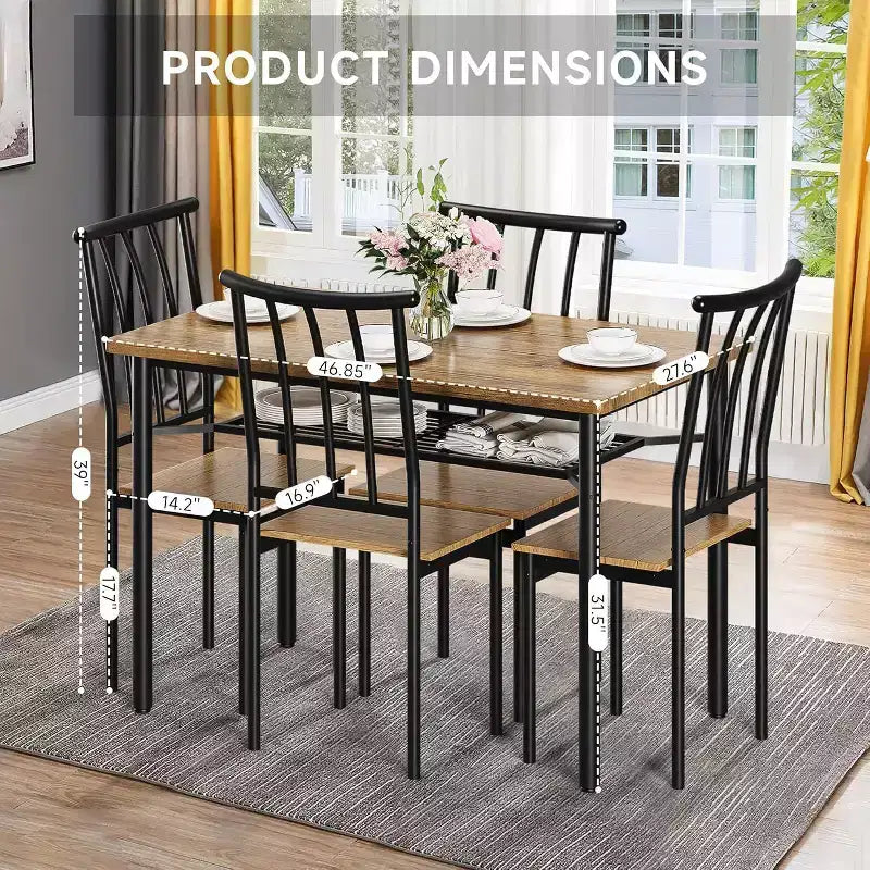 Ensemble de salle à manger rustique 5 pièces Coolmee - Table et 4 chaises avec étagère de rangement