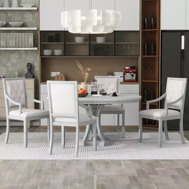 Ensemble de salle à manger rond 5 pièces Polibi avec table extensible de style rétro