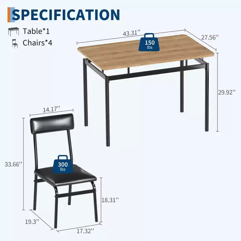 Ensemble de table à manger pour 4 personnes, 5 pièces, en bois, 4 chaises rembourrées en PU, cadre en métal, ensemble de dînette pour salle à manger, fête, appartement