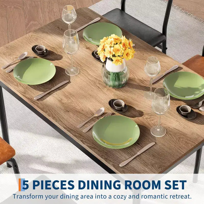 Ensemble de table à manger pour 4 personnes, 5 pièces, en bois, 4 chaises rembourrées en PU, cadre en métal, ensemble de dînette pour salle à manger, fête, appartement