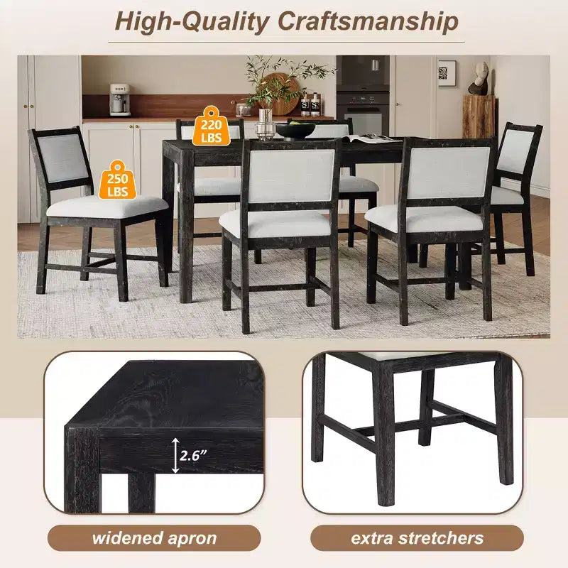 Ensemble de salle à manger rétro 7 pièces avec table rectangulaire et 6 chaises rembourrées