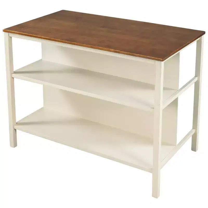 Ensemble d'îlot de cuisine Whisen 45 en bois massif avec 2 sièges et 2 étagères - Noyer Blanc Crème