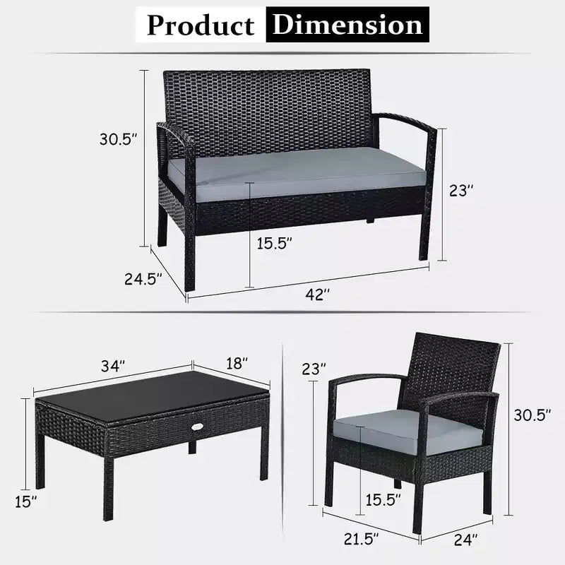 Costway Ensemble de Meubles de Jardin en Rotin et Osier 4 Pièces, Canapé Causeuse Rembourré Jardin Terrasse Marron/Gris