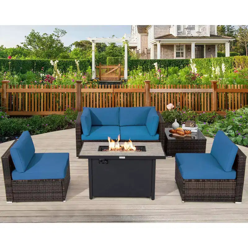 Costway Salon de jardin 6 pièces en rotin avec coussins, table brasero à gaz noir/turquoise/rouge/blanc cassé/bleu marine