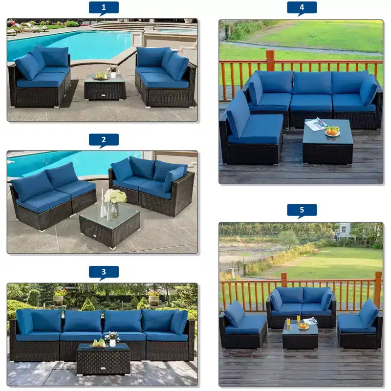 Costway Salon de jardin 6 pièces en rotin avec coussins, table brasero à gaz noir/turquoise/rouge/blanc cassé/bleu marine