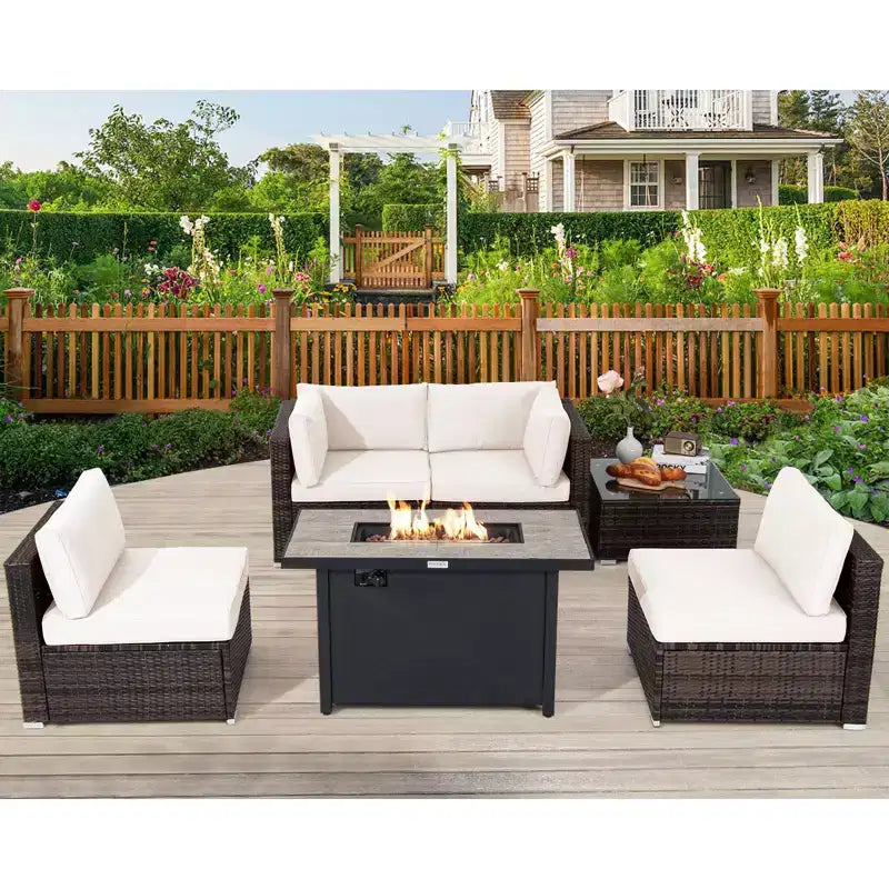 Costway Salon de jardin 6 pièces en rotin avec coussins, table brasero à gaz noir/turquoise/rouge/blanc cassé/bleu marine