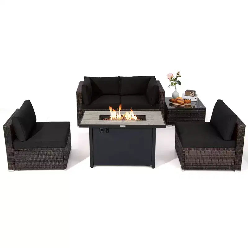 Costway Salon de jardin 6 pièces en rotin avec coussins, table brasero à gaz noir/turquoise/rouge/blanc cassé/bleu marine