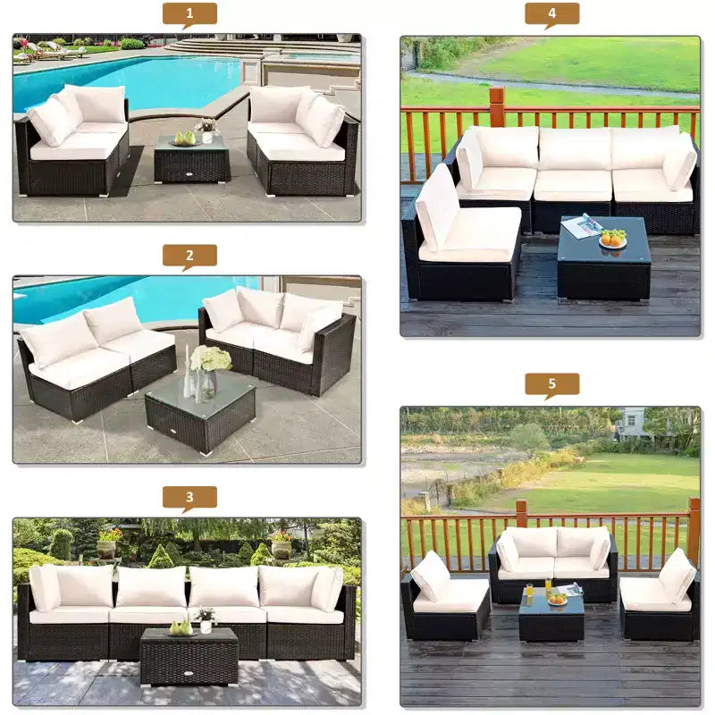 Costway Salon de jardin 6 pièces en rotin avec coussins, table brasero à gaz noir/turquoise/rouge/blanc cassé/bleu marine